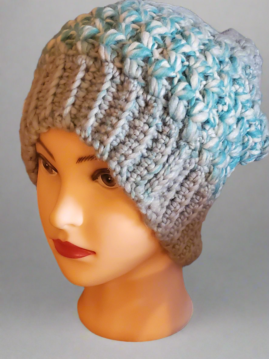 Soft Chunky Warm Crocheted Light Blue Sliuch Hat