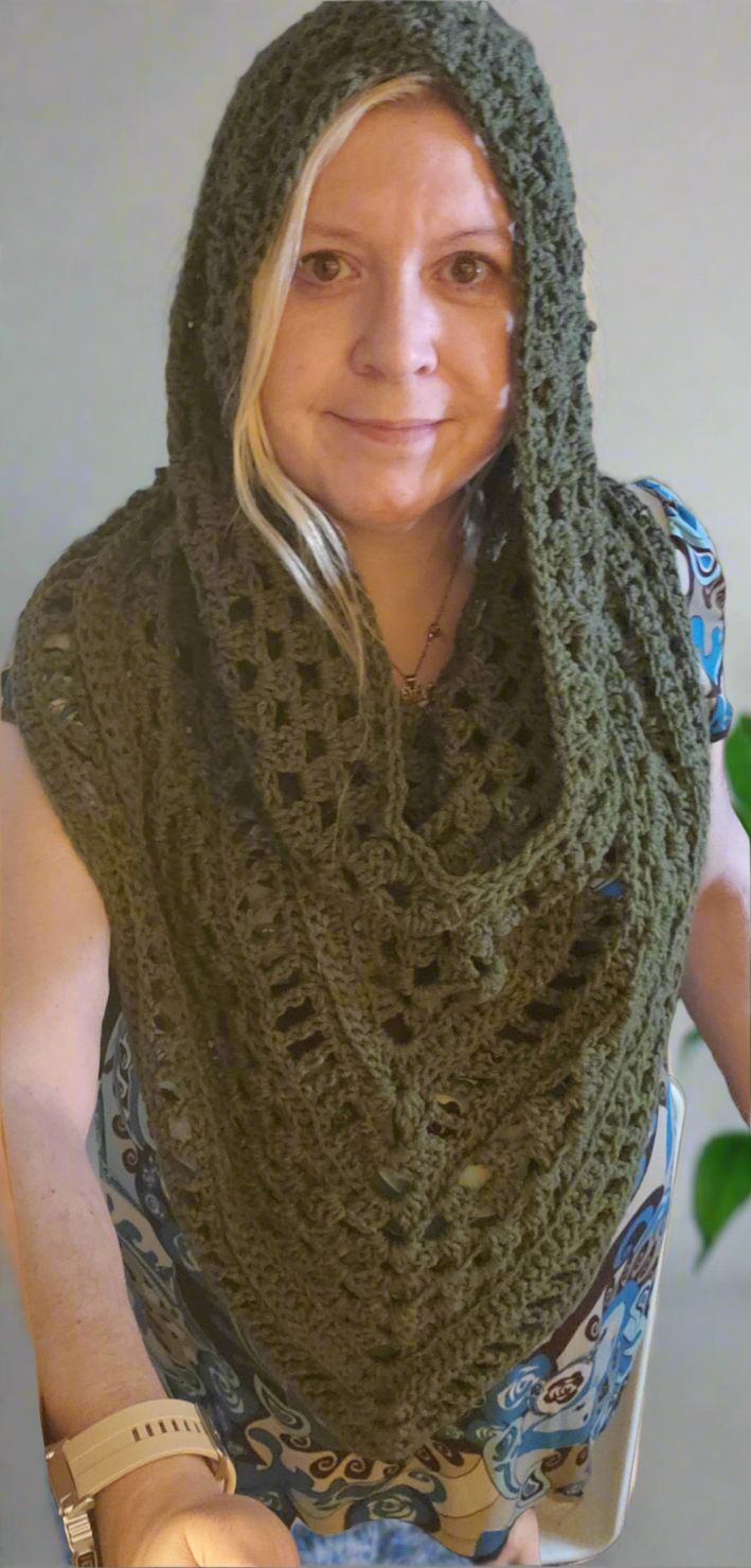 Handmade crocheted boho hooded triangle scarf in olive green.