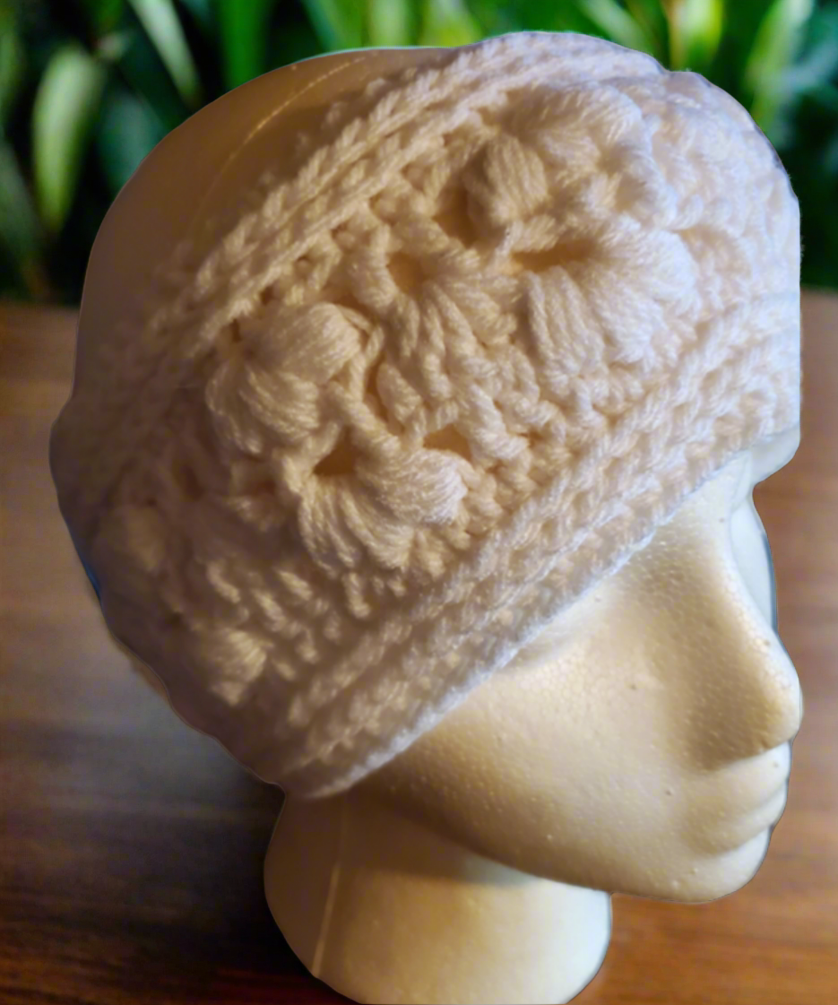 Amarie Handmade White Crocheted Headband for Women on display.