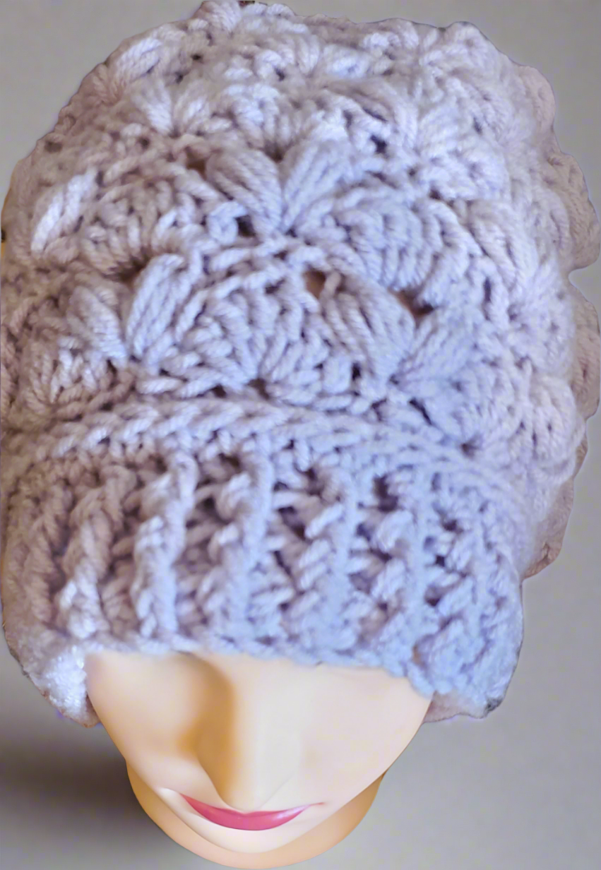 Puff Stitch Slouchy Beanie in textured crochet design with ribbed brim.