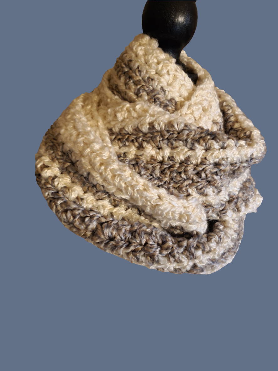 Soft thick handmade crocheted gray and white infinity scarf.