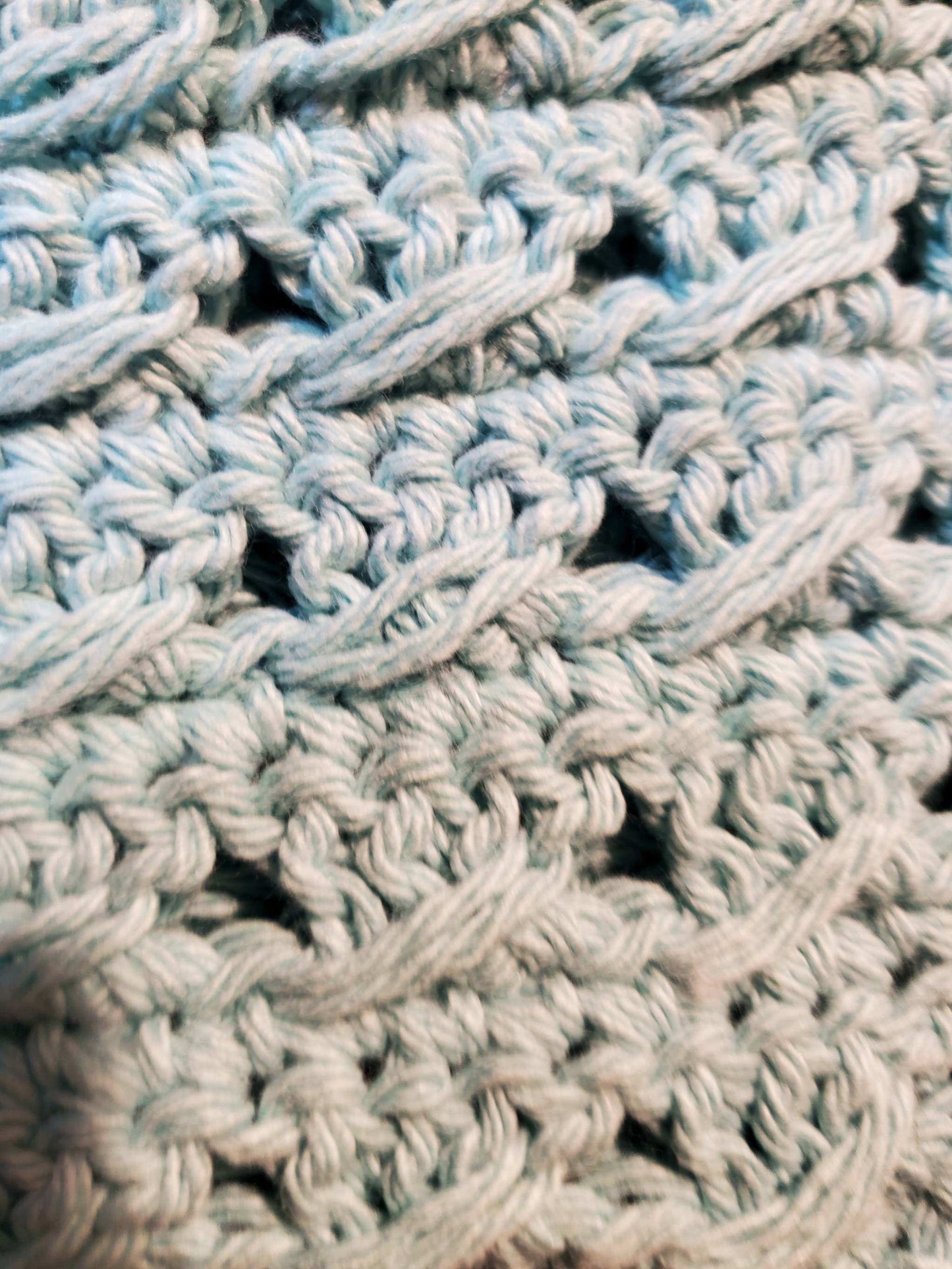 Handmade textured aqua dishcloths set, showing intricate knit design.