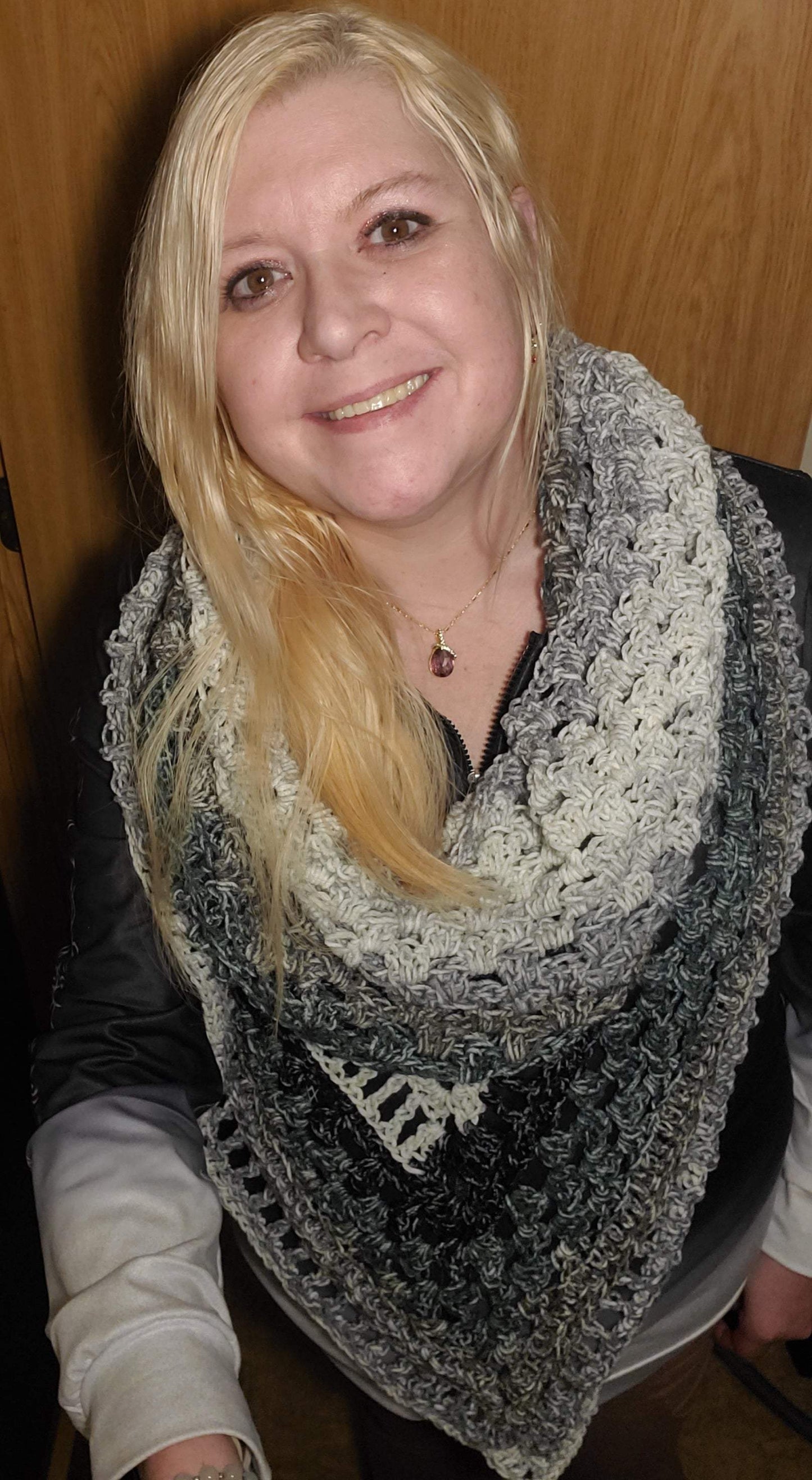 Boho hooded triangle scarf in black and white ombre, handmade and crocheted.