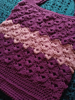 Large purple and lavender crocheted market bag in 100% cotton.