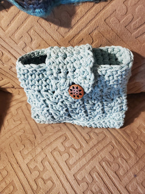 Super cute aqua handmade crocheted purse with golden pearl strap, 3mm cotton cord.