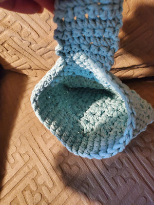 Super cute aqua handmade crocheted purse with 3mm cotton cord and golden pearl strap.