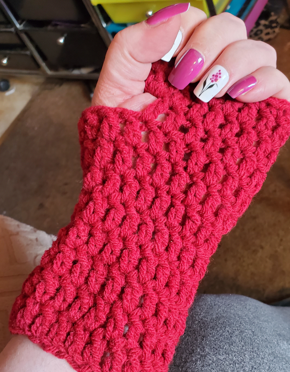 Red cozy fingerless gloves for teens or adults.