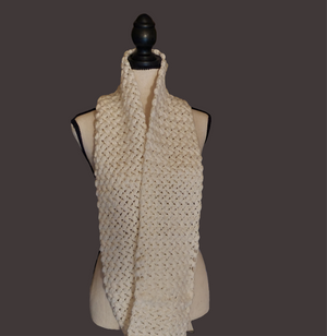 Thick white crocheted puff stitch infinity scarf on mannequin