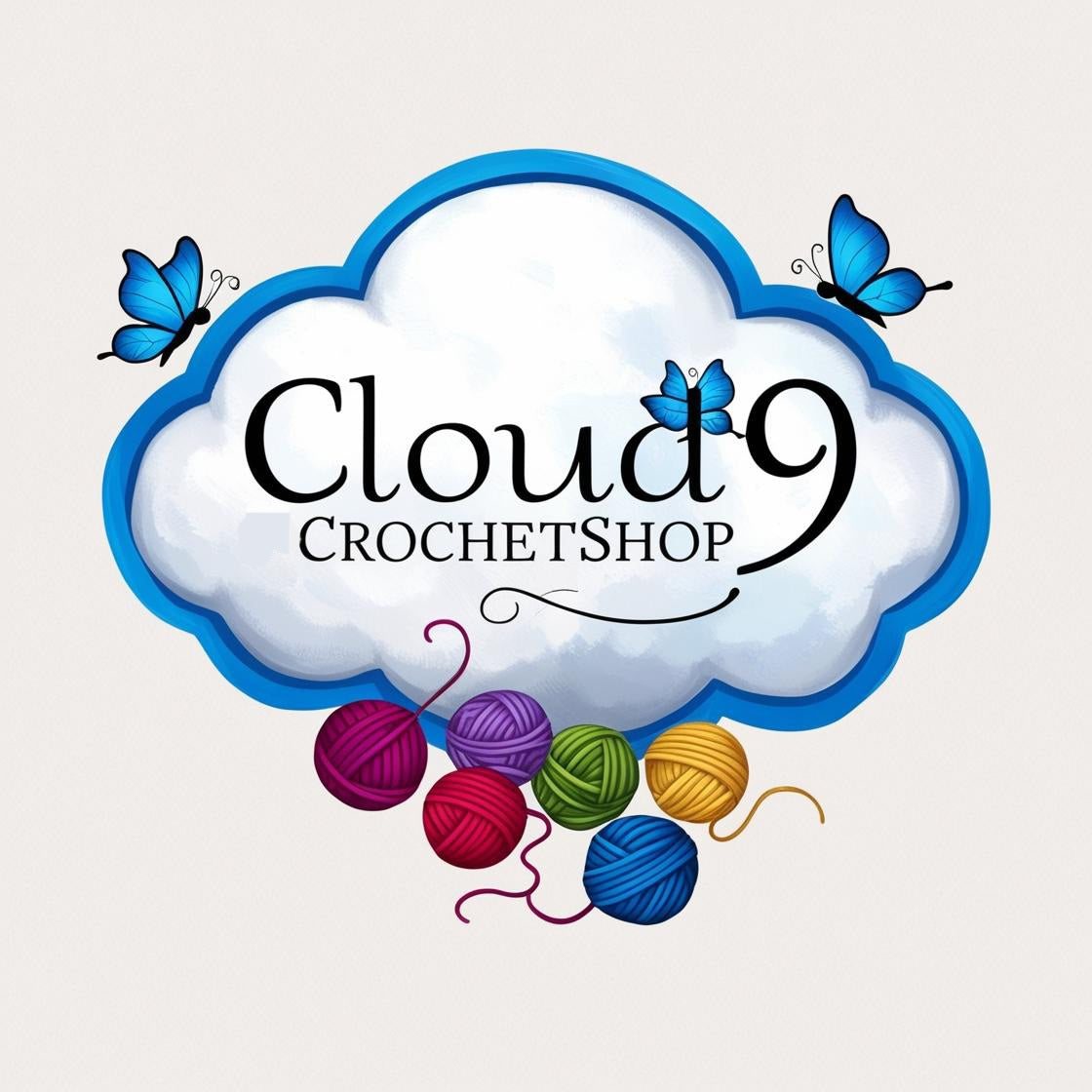 Cloud9CrochetShop Gift Cards with colorful yarn balls and butterflies.