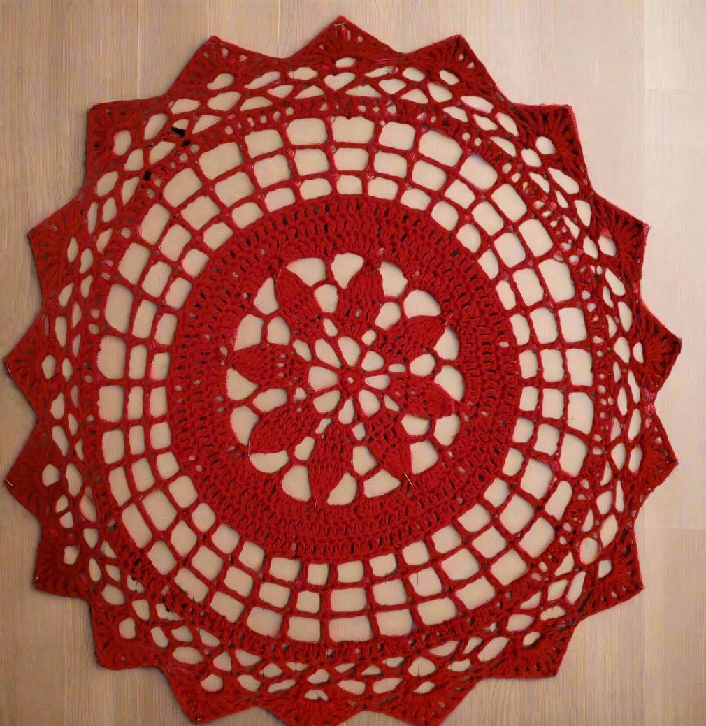 Red Christmas placemat doily in rich red, 20-inch diameter, festive home decor.