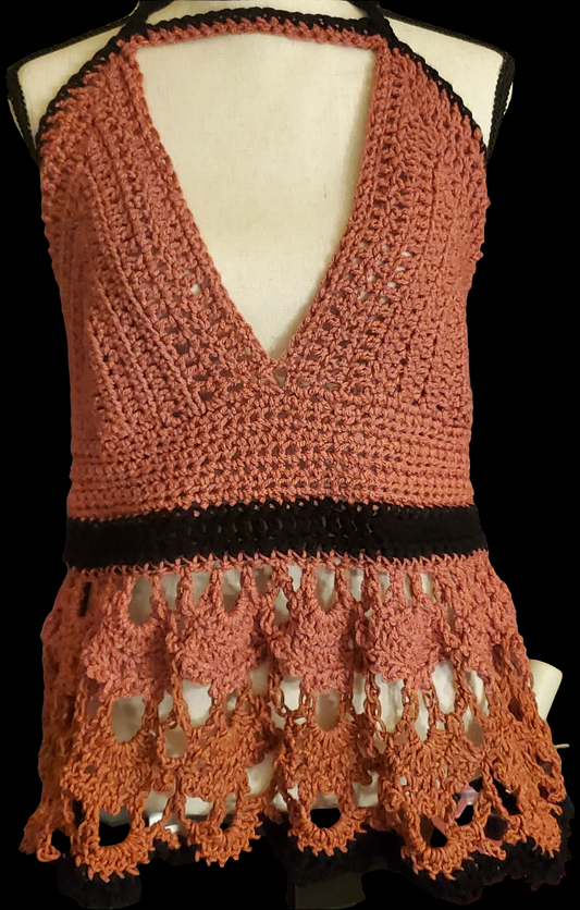 Beautifully handmade crocheted Alice top in rose with black accents.