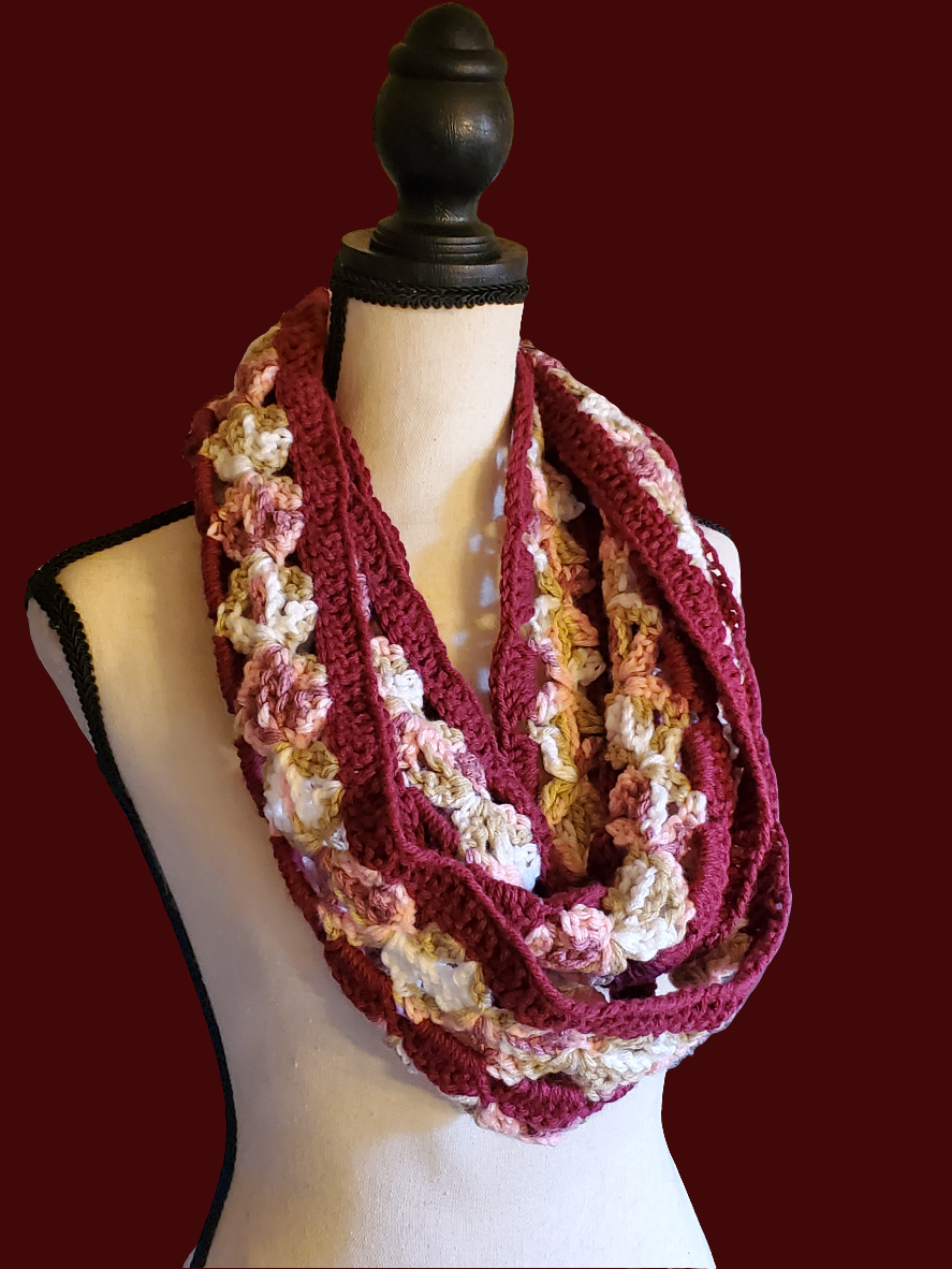 Beautiful handmade crocheted red and multicolor infinity scarf for women.