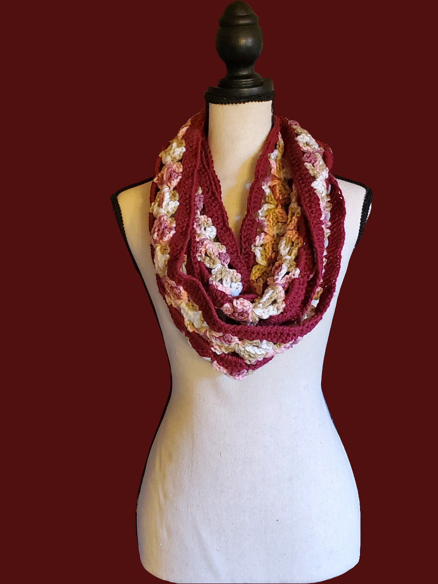 Beautiful handmade crocheted red and multicolor infinity scarf for women.