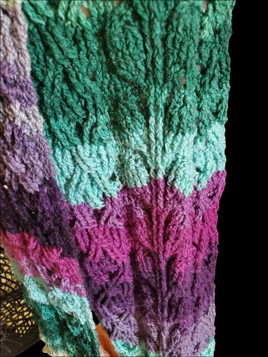 Purple and green super scarf with cable leaf design for women.