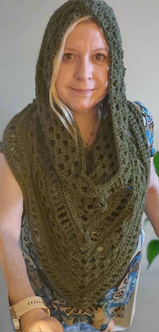 Handmade crocheted boho hooded triangle scarf in olive green.