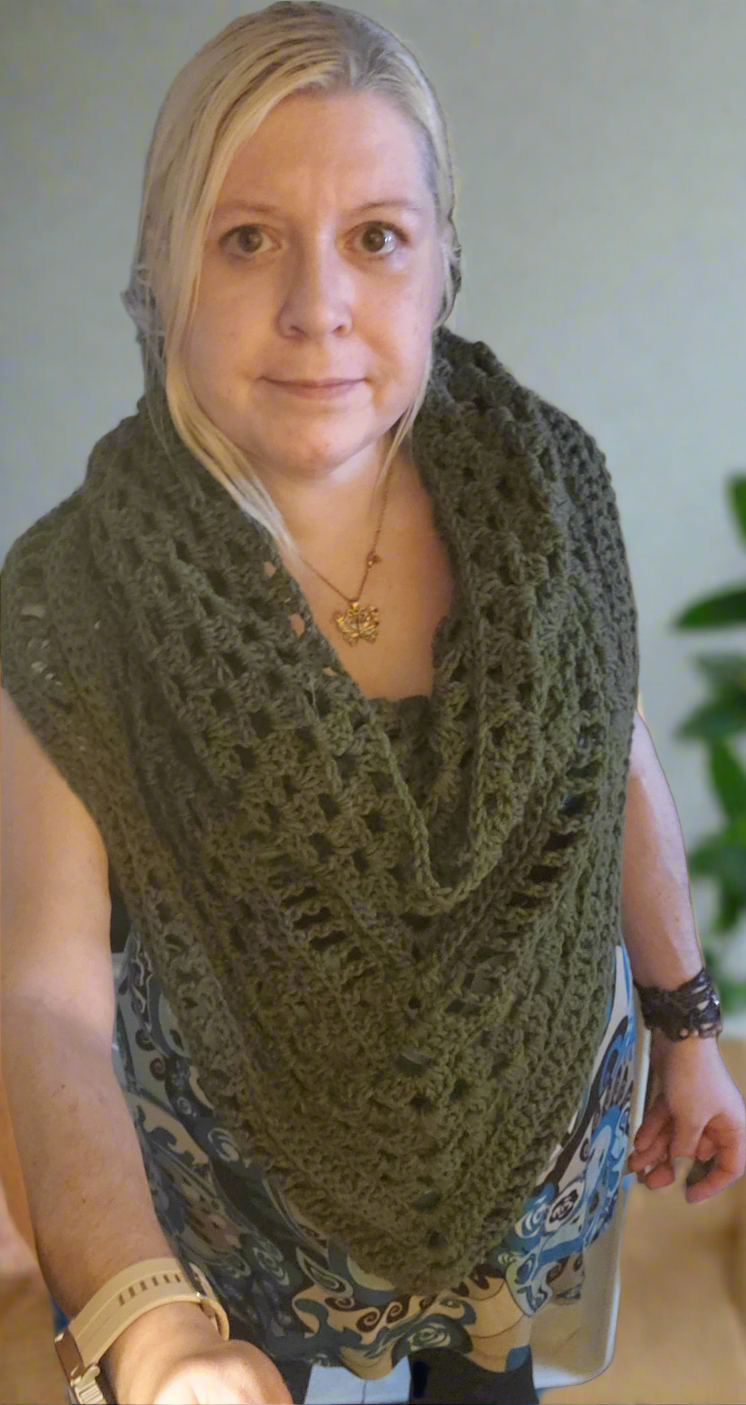 Handmade crocheted boho hooded triangle scarf in olive green.