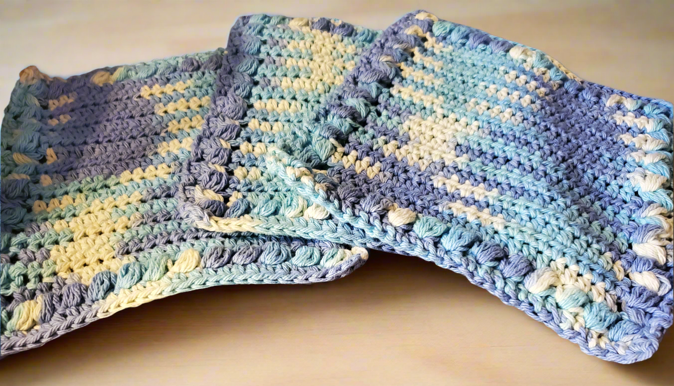 Large blue variegated cotton dishcloths set of 3, soft and absorbent for cleaning.