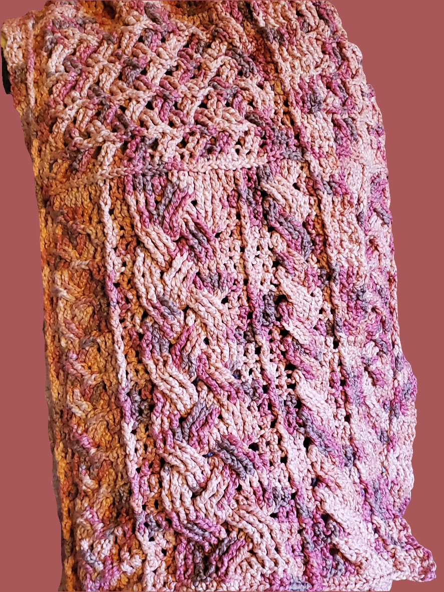 Handmade cotton blend cable scarf in various pinks with intricate crocheted design.