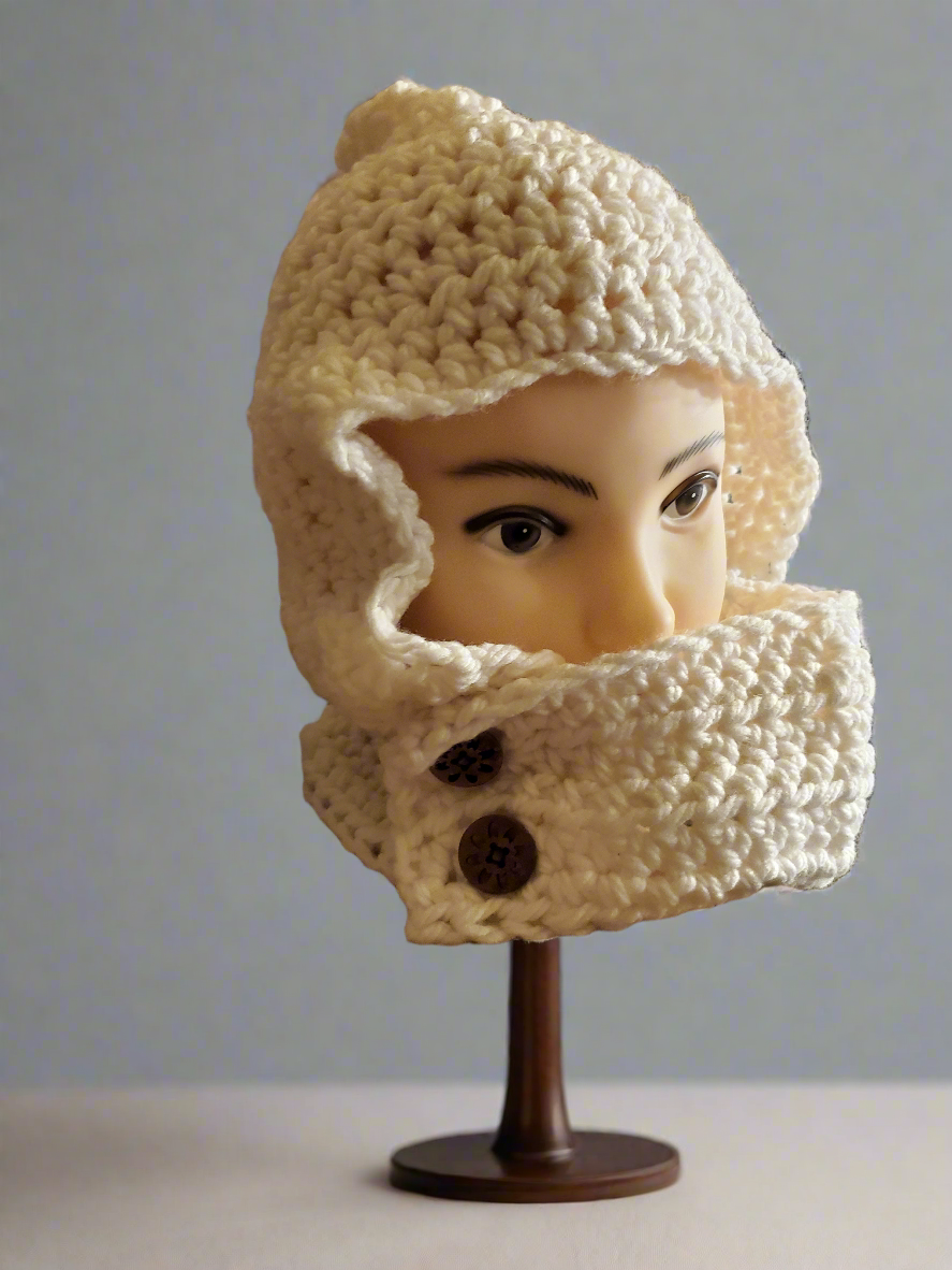 Women's white hooded cowl with buttoned front closure for fall and winter.