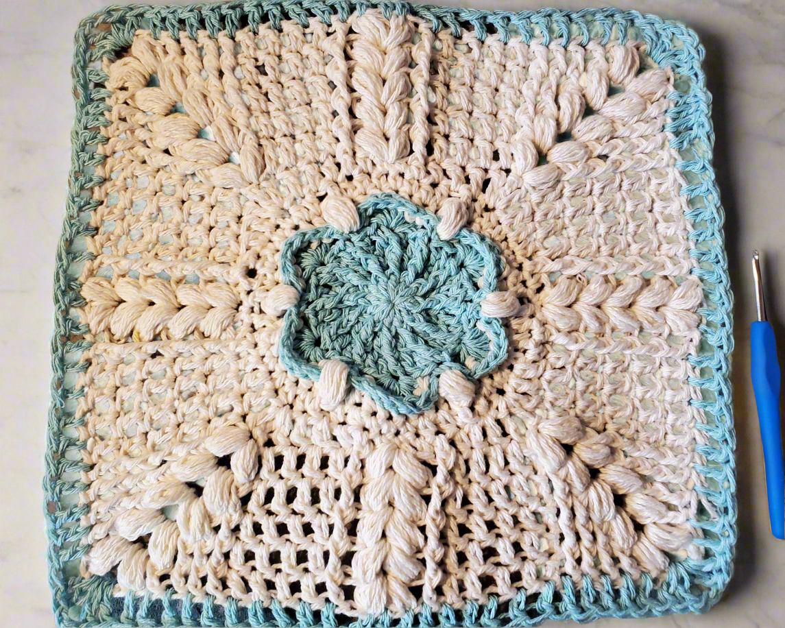 Sakura Washcloth set of 3, hand-crocheted cotton, beige and blue colors.