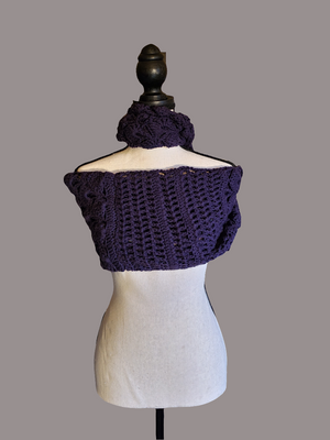 beautiful handmade crocheted purple infinity scarf on mannequin