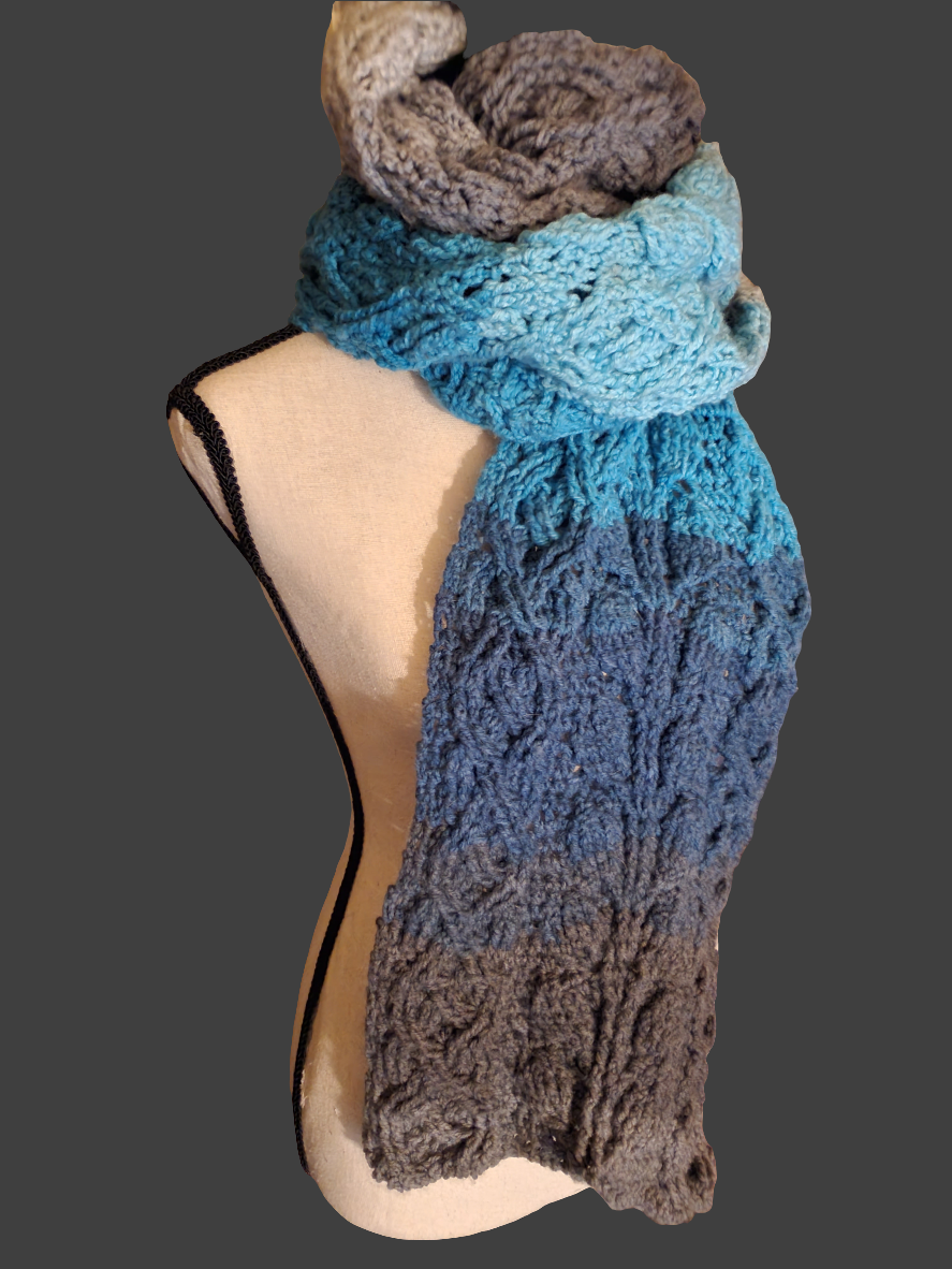 Handmade blue crocheted cabled leaf scarf for men or women.