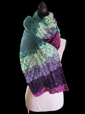 Purple and green super scarf with cable leaf design for women.