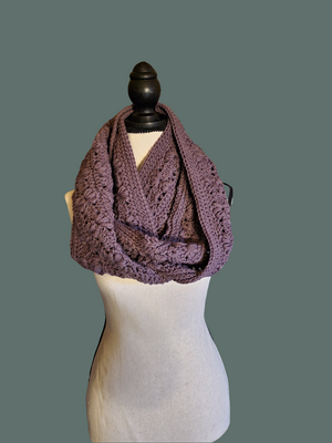 Purple Amarie Infinity Scarf - Handmade Crocheted on display mannequin