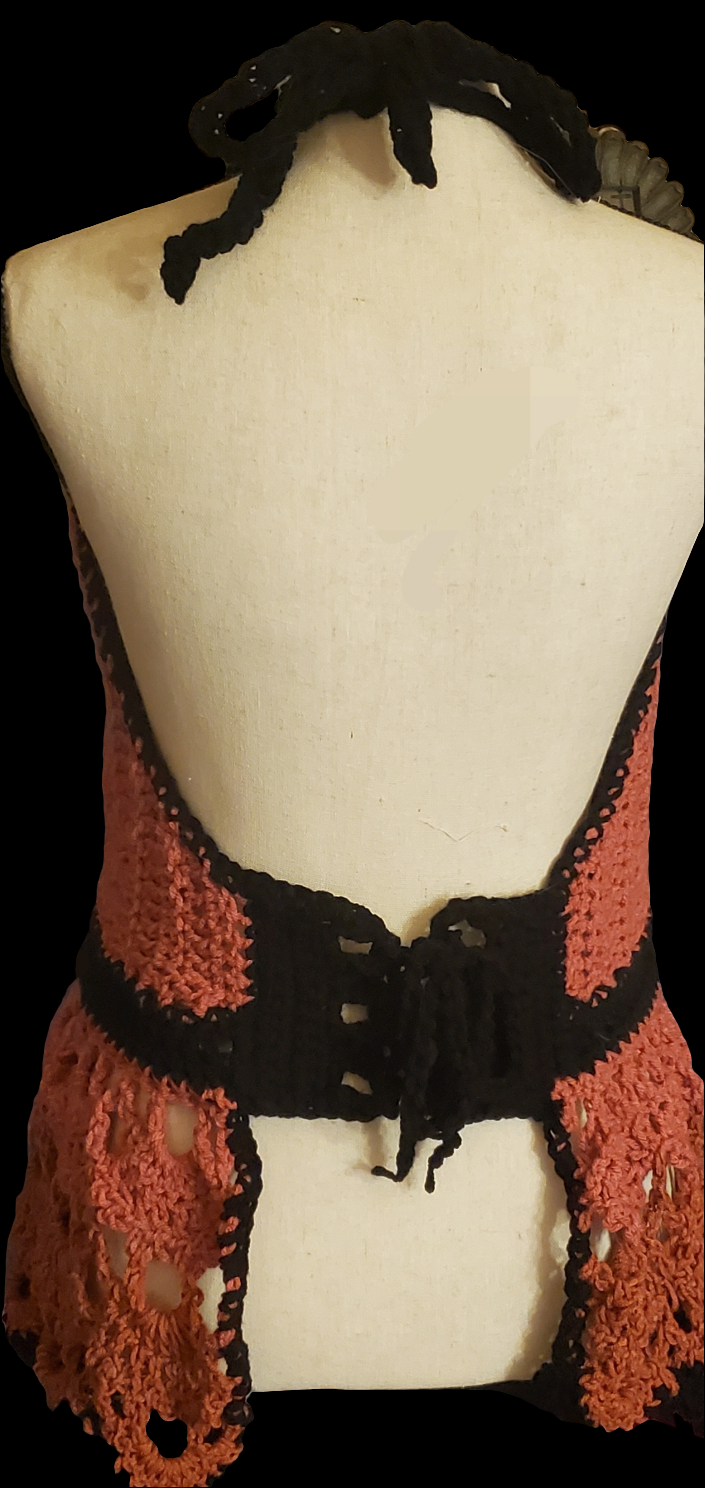 Beautifully handmade crochet Alice bralette in rose, canyon, and black accents with open back.