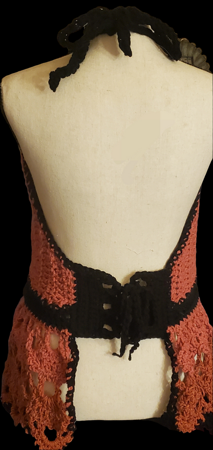 Beautifully handmade crochet Alice bralette in rose, canyon, and black accents with open back.