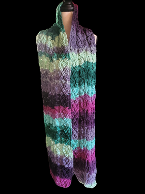 Purple and green super scarf with cable leaf design for women.