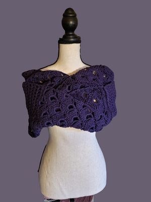 Beautiful Handmade Crocheted Fancy Purple Infinity Super Scarf displayed on mannequin.