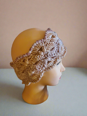 Peach and pink crocheted earwarmer for women and teens, warm winter accessory.