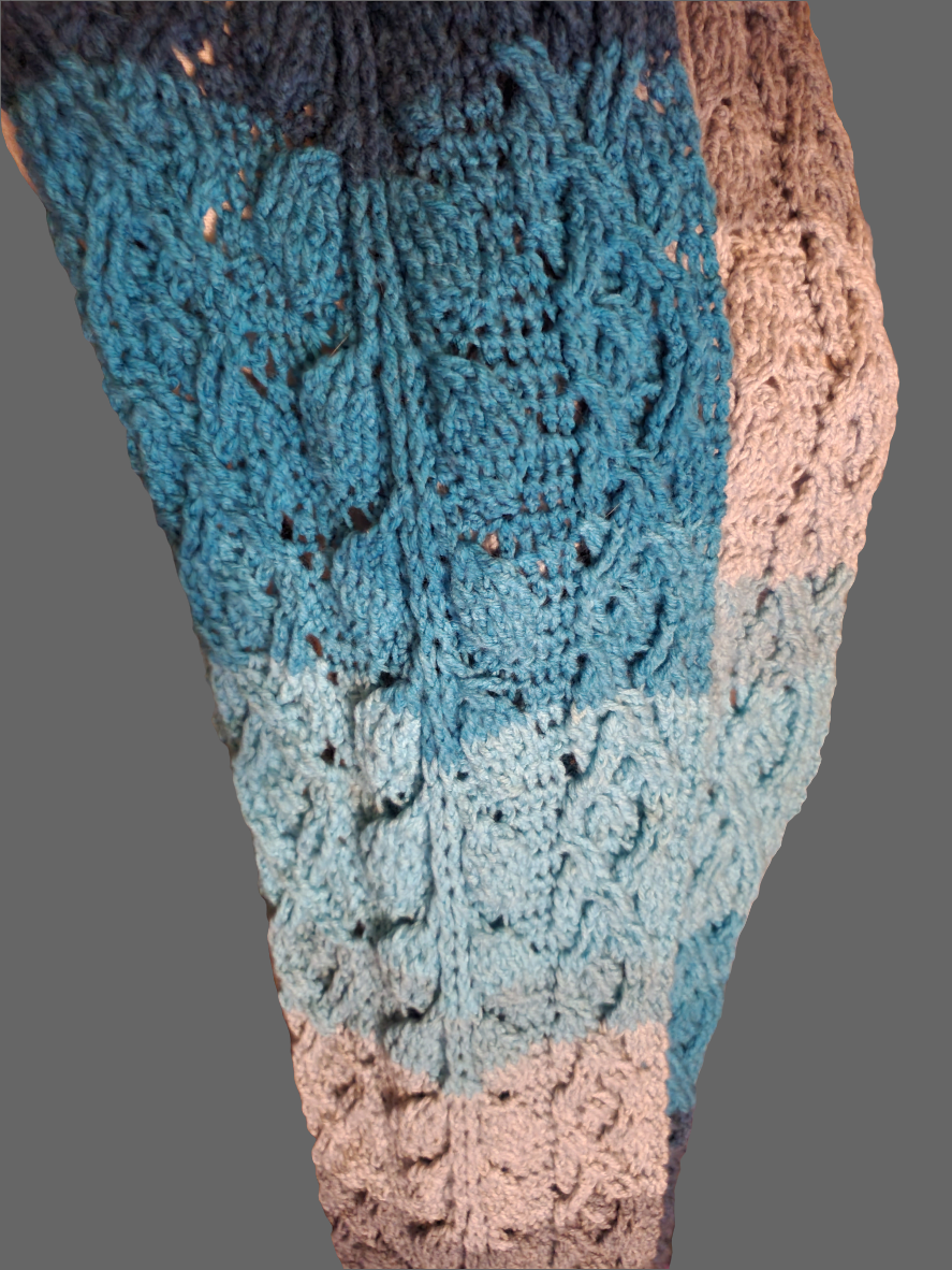 Handmade blue crocheted cabled leaf scarf for men or women.