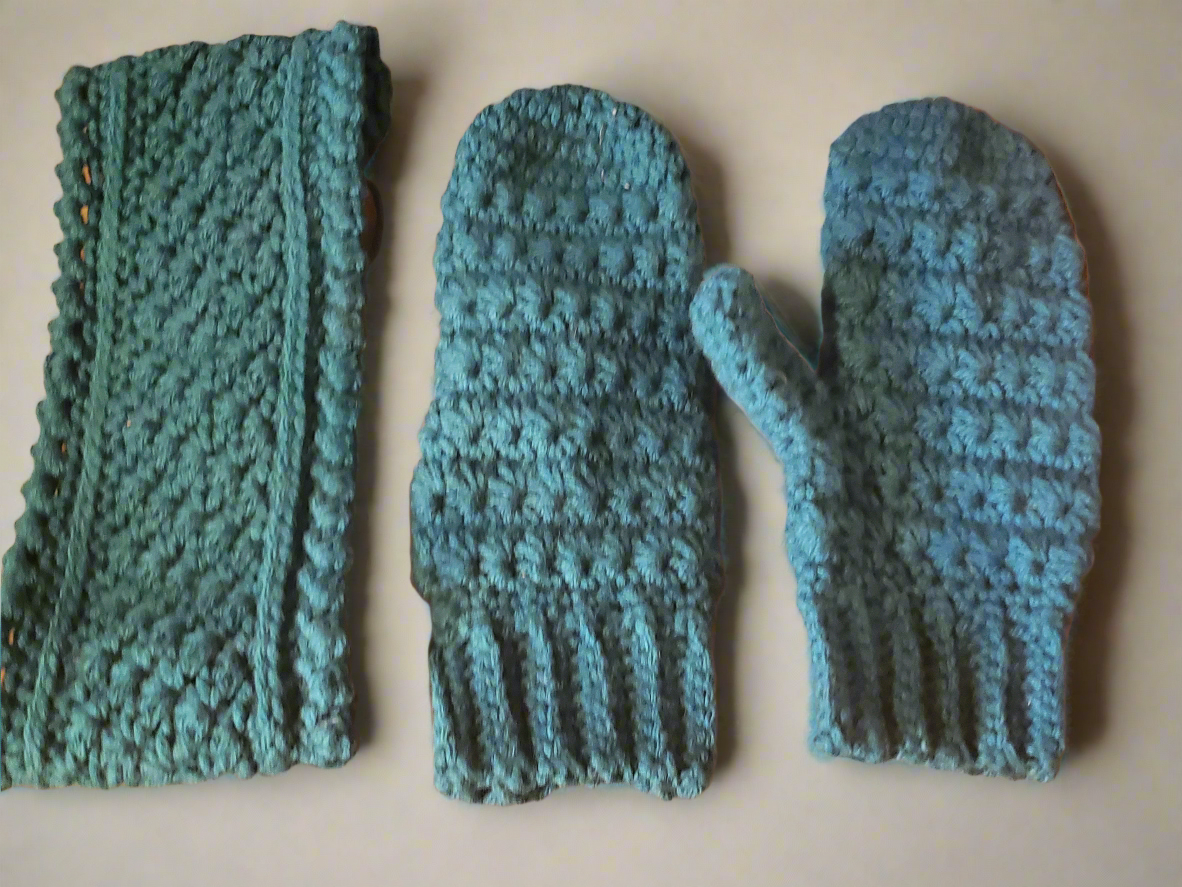 Teal crocheted mittens and earwarmer set for winter style.