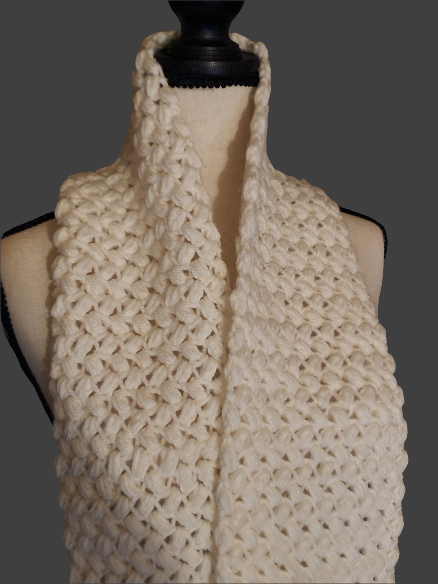 Thick white crocheted puff stitch infinity scarf on mannequin