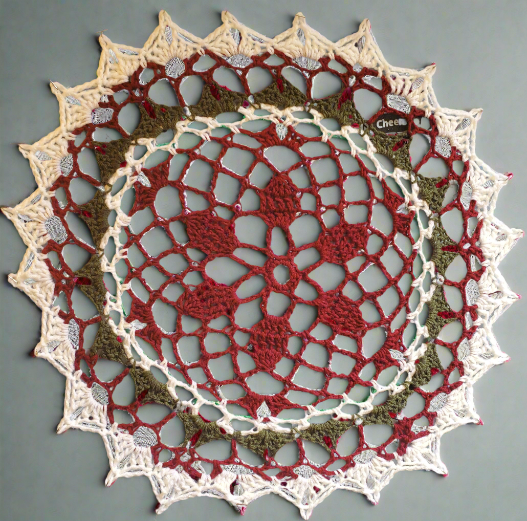 Red, green, and white Christmas doily for festive home decoration.