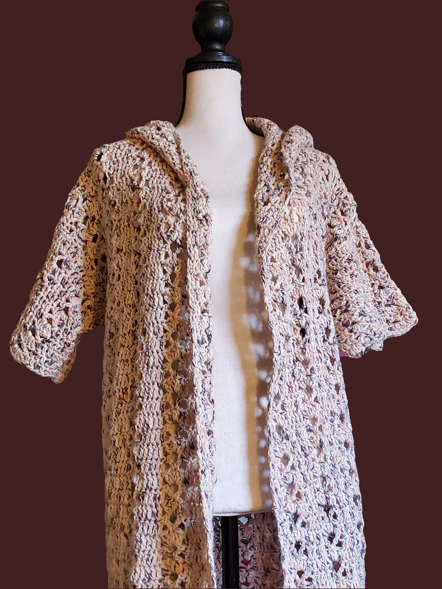 Women's variegated crochet open front sweater with short sleeves in pink, purple, and beige - XL.