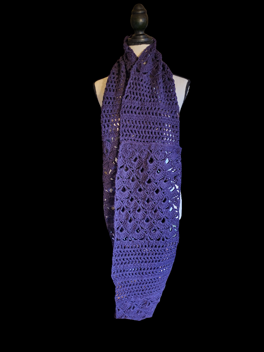 Beautiful Handmade Crocheted Fancy Purple Infinity Super Scarf displayed on mannequin.