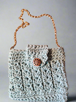 Super cute aqua handmade crocheted purse with golden pearl strap and 3mm cotton cord.