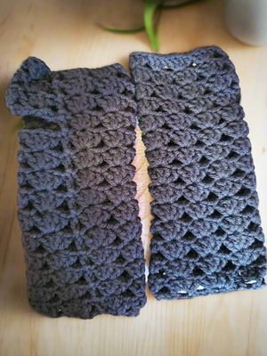 Unisex black fancy fingerless gloves, crochet design.