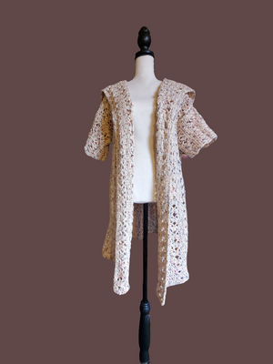 Beautiful crochet open front sweater in variegated pink, purple, and beige with short sleeves, XL size.