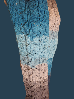 Handmade blue crocheted cabled leaf scarf for men or women, lightweight and stylish.