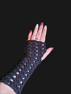 Black unisex fingerless gloves with openwork design.