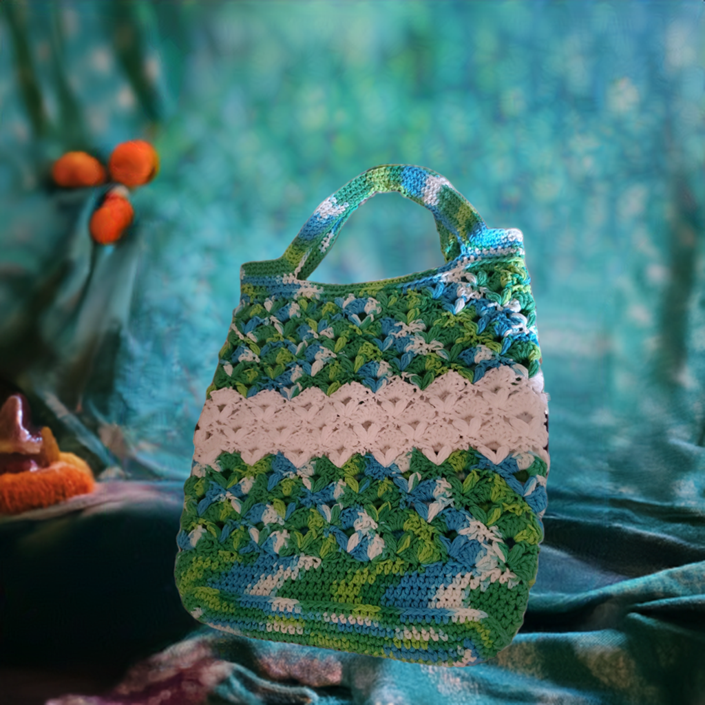 Handmade cotton variegated green blue and white crocheted market bag.