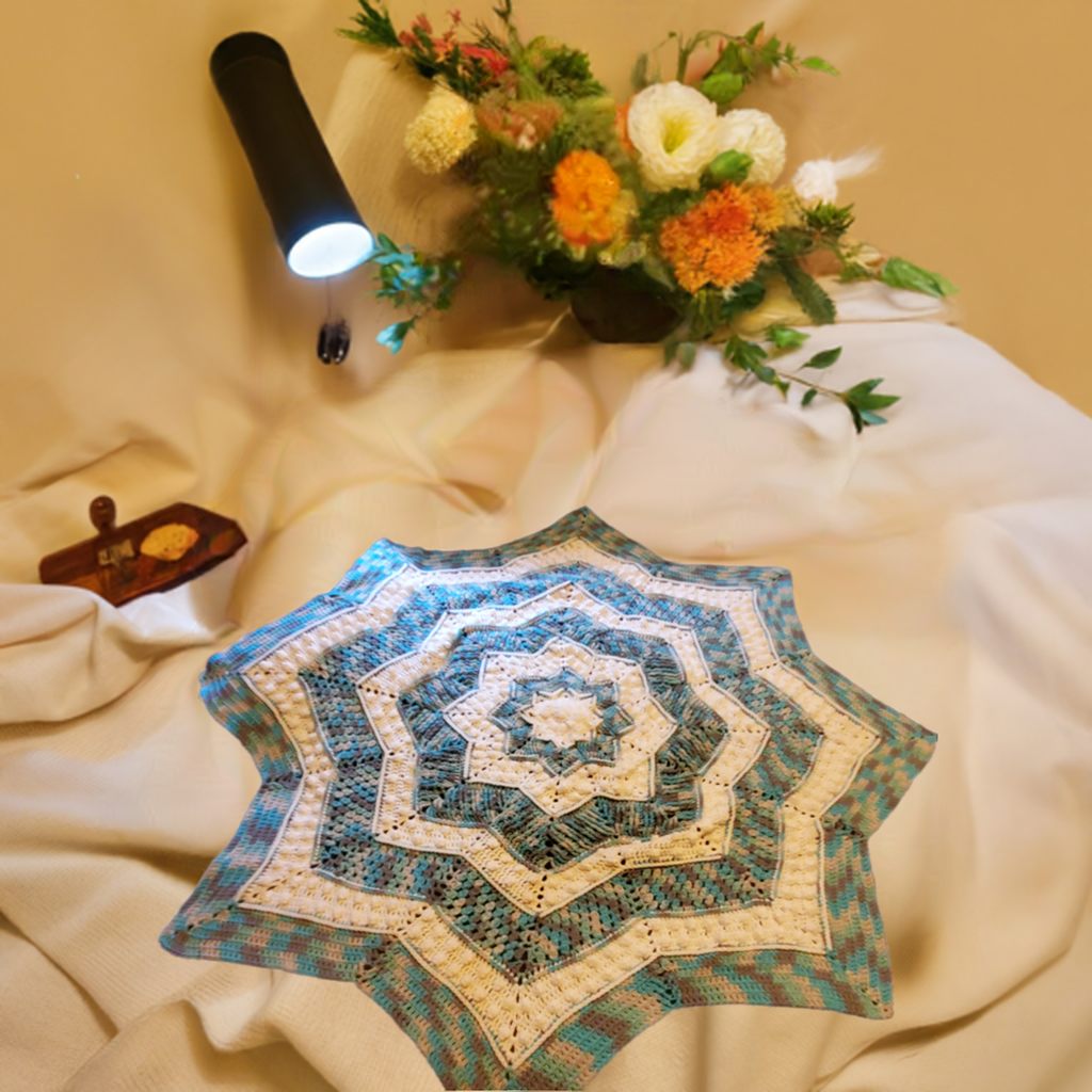 Blue/Gray Camouflage and White Starlight Blanket on a queen-sized bed.