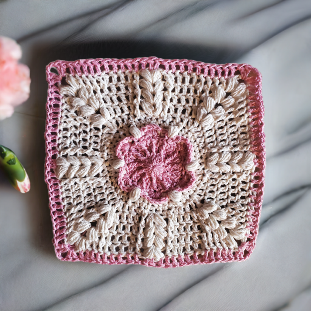 Sakura Washcloth set of 3, hand-crocheted cotton, beige and blue colors.