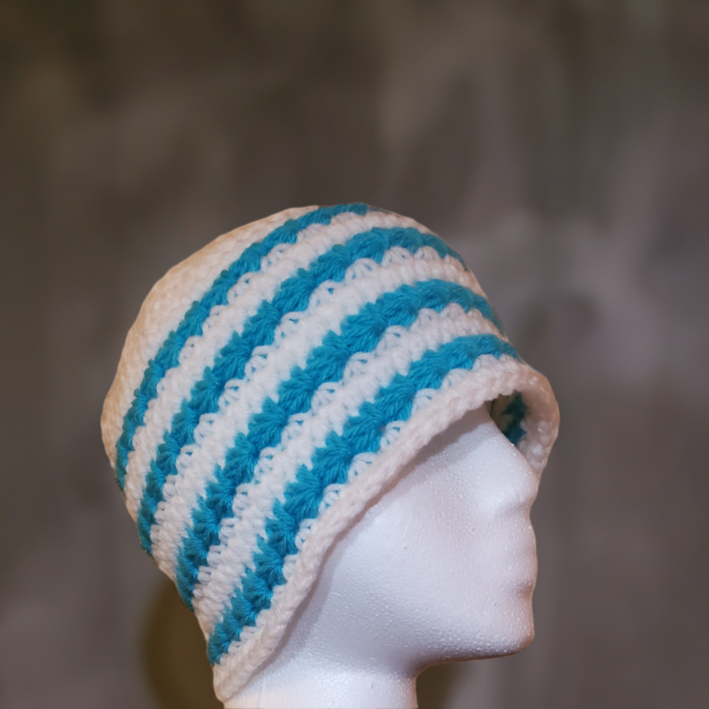 Blue and white handmade star stitch beanie for men or women.