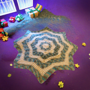 Blue/Gray Camouflage and White Starlight Blanket on a purple floor with decorative stars and wrapped gifts.