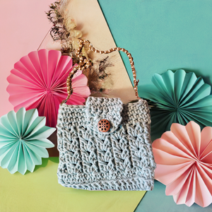 Super cute aqua handmade crocheted purse with golden pearl strap, crafted from 3mm cotton cord.